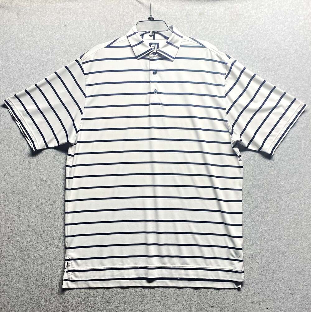 FootJoy Men’s L White/Navy Striped Stretch Golf Polo Shirt Collared Logo